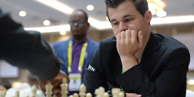 Norway's Magnus Carlsen gestures during his round 5 game against the Zambia team at the 44th Chess Olympiad 2022, in Mahabalipuram on Aug. 2, 2022.