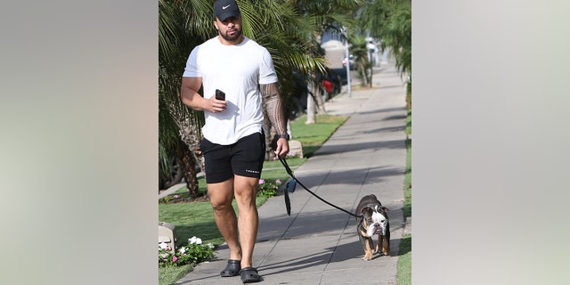 Manti Te'o walks his dog Prince in San Diego.