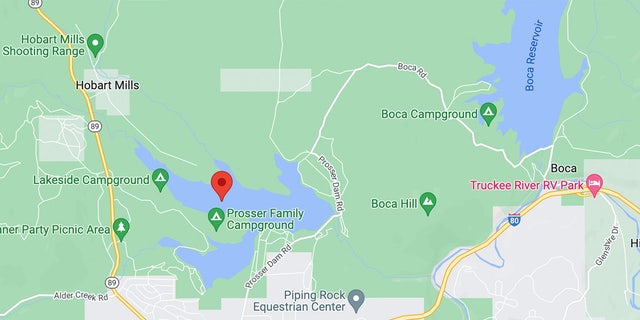 A Google map of Tahoe National Park showing Prosser Reservoir and Boca Lake.
