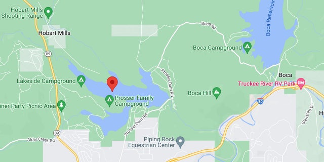 A Google map of Tahoe National Park showing Prosser Reservoir and Boca Lake.