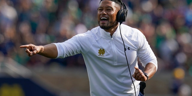 Notre Dame head coach Marcus Freeman yells to his team as they play Marshall during the second half of an NCAA college football game in South Bend, Ind., Saturday, Sept. 10, 2022. Marshall defeated Notre Dame 26-21.