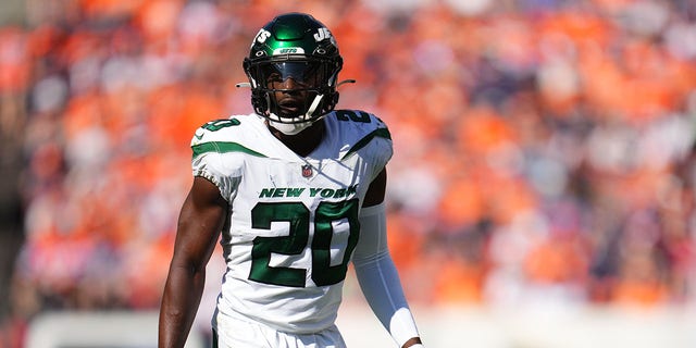 Marcus Maye of the New York Jets gets set during a game against the Denver Broncos at Empower Field At Mile High Sept. 26, 2021, in Denver.