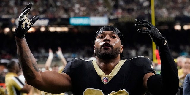 New Orleans Saints cornerback Marshon Lattimore reacts after being thrown out of the game after a brawl against the Tampa Bay Buccaneers during the second half of an NFL football game in New Orleans, Sunday, Sept. 18, 2022. 