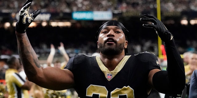 New Orleans Saints cornerback Marshon Lattimore reacts after being thrown out of the game after a brawl against the Tampa Bay Buccaneers during the second half of an NFL football game in New Orleans, Sunday, Sept. 18, 2022.