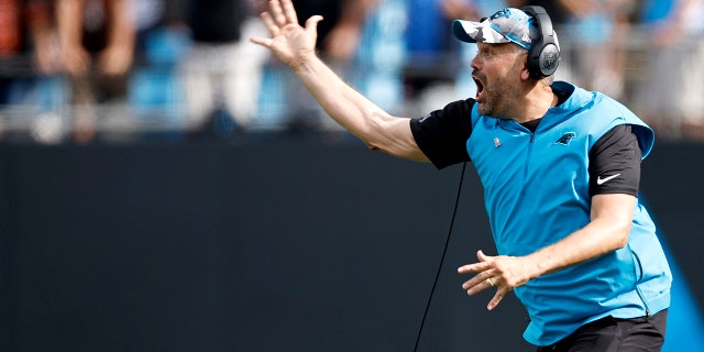 Head coach Matt Rhule of the Carolina Panthers reacts following a call during the fourth quarter of their game against the Cleveland Browns at Bank of America Stadium on Sept. 11, 2022 in Charlotte, North Carolina.