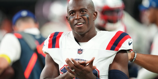 Wide receiver Matthew Slater, #18 of the New England Patriots, looks on during the second half of a preseason game against the Las Vegas Raiders at Allegiant Stadium on Aug. 26, 2022 in Las Vegas.