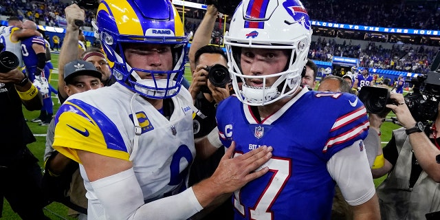 Los Angeles Rams quarterback Matthew Stafford (9) and Buffalo Bills quarterback Josh Allen (17) meet at mid-field after an NFL football game Thursday, Sept. 8, 2022, in Inglewood, Calif.