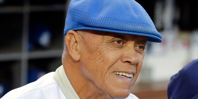 Former Los Angeles Dodgers great Maury Wills is screened for Game 2 of the NLDS against the St. Louis Cardinals in Los Angeles on October 4, 2014.