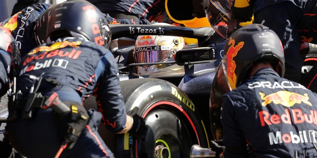 Red Bull driver Max Verstappen gets a pit service during the Italian Grand Prix at the Monza racetrack, Sunday, Sept. 11, 2022.