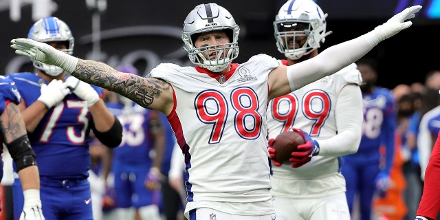 Maxx Crosby of the Las Vegas Raiders and AFC reacts after knocking down a pass attempt by Kyler Murray of the Arizona Cardinals and NFC in the NFL Pro Bowl at Allegiant Stadium on Feb. 6, 2022, in Las Vegas, Nevada.