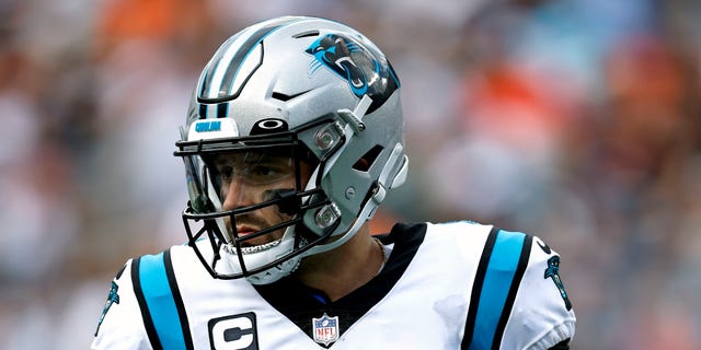 Quarterback Baker Mayfield, #6 of the Carolina Panthers, looks on during the fourth quarter of their game against the Cleveland Browns at Bank of America Stadium on Sept. 11, 2022 in Charlotte, North Carolina.