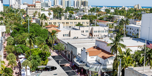 Miami Beach, Florida, Lincoln Road Pedestrian Mall high angle view of city.