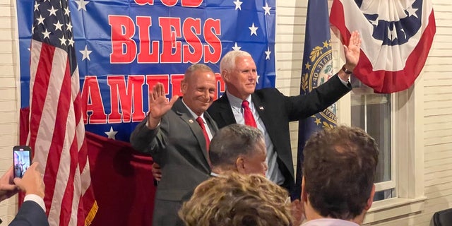 Former Vice President Mike Pence heads a fundraiser for New Hampshire GOP Senate nominee Don Bolduc, on Sept. 14, 2022 in Wilton, NH 