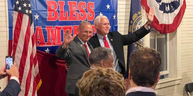 Former Vice President Mike Pence heads a fundraiser for New Hampshire GOP Senate nominee Don Bolduc, on Sept. 14, 2022 in Wilton, NH 