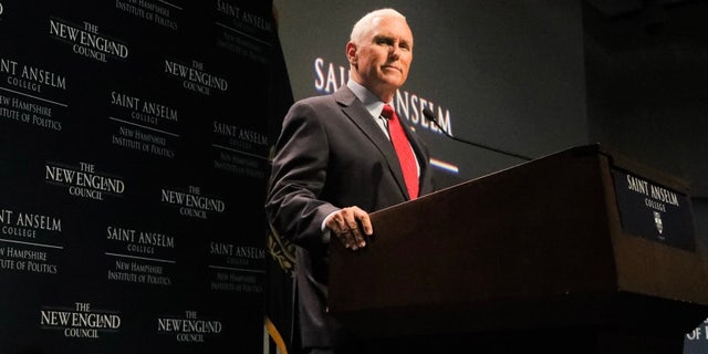 Former Vice President Mike Pence speaks at "Politics and Eggs" at Saint Anselm College's New Hampshire Institute of Politics Aug. 17, 2022, in Goffstown, N.H. 