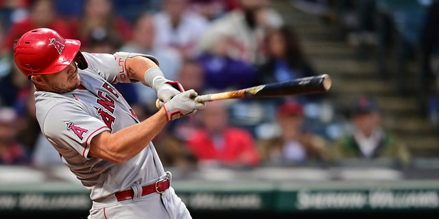 Los Angeles Angels' Mike Trout flies out during the fifth inning of the team's baseball game against the Cleveland Guardians, Tuesday, Sept. 13, 2022, in Cleveland.