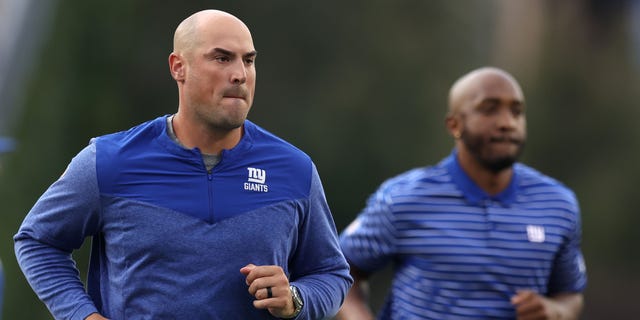 Offensive Coordinator Mike Kafka, of the New York Giants, looks on ahead of the preseason game between the New York Giants and the New England Patriots at Gillette Stadium on Aug. 11, 2022 in Foxborough, Massachusetts.