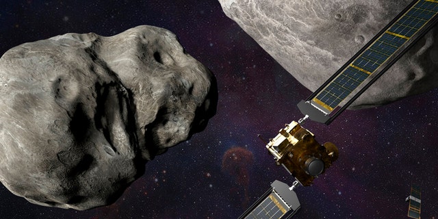 This illustration made available by Johns Hopkins APL and NASA depicts NASA's DART probe, foreground right, and Italian Space Agency's (ASI) LICIACube, bottom right, at the Didymos system before impact with the asteroid Dimorphos, left. 