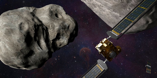 This illustration made available by Johns Hopkins APL and NASA depicts NASA's DART probe, foreground right, and Italian Space Agency's (ASI) LICIACube, bottom right, at the Didymos system before impact with the asteroid Dimorphos, left.