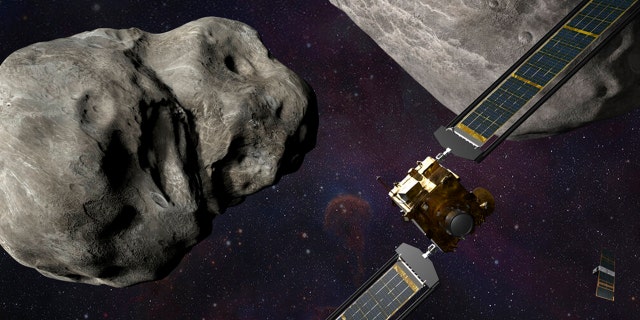 This illustration made available by Johns Hopkins APL and NASA depicts NASA's DART probe, foreground right, and Italian Space Agency's (ASI) LICIACube, bottom right, at the Didymos system before impact with the asteroid Dimorphos, left. 