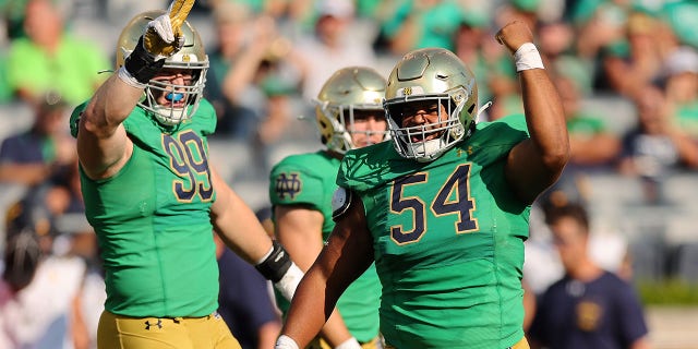 Jacob Lacey #54 of the Notre Dame Fighting Irish celebrates a sack against the California Golden Bears during the second half at Notre Dame Stadium on September 17, 2022 in South Bend, Indiana.