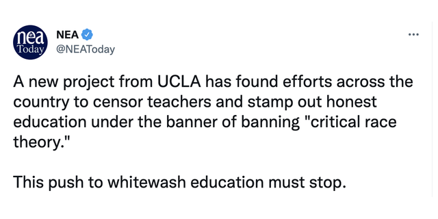 Tweet from the National Education Association about the UCLA database that tracks critical race theory.