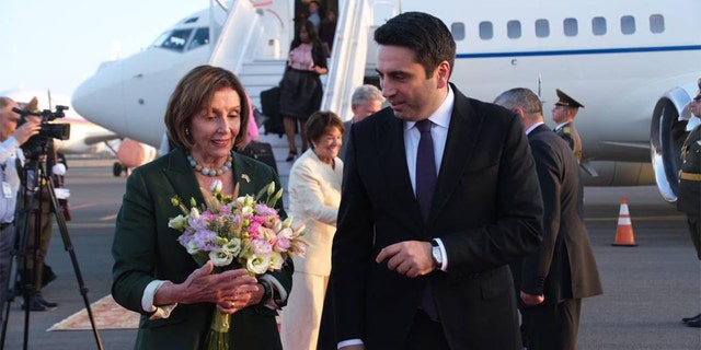 U.S. House Speaker Nancy Pelosi arrives in Yerevan for her first visit to Armenia with a congressional delegation Saturday, Sept. 17, 2022. 