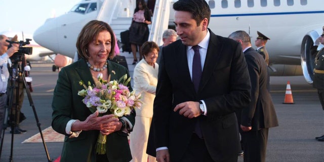 U.S. House Speaker Nancy Pelosi arrives in Yerevan for her first visit to Armenia with a congressional delegation Saturday, Sept. 17, 2022. 