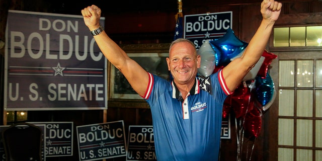 New Hampshire Republican US Senate candidate Don Bolduc smiles during a primary night campaign gathering, Tuesday Sept.  13, 2022, in Hampton, NH