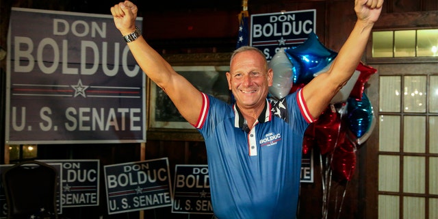 New Hampshire Republican U.S. Senate candidate Don Bolduc smiles during a primary night campaign gathering, Tuesday Sept. 13, 2022, in Hampton, N.H.