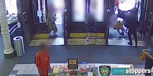 The New York City Police Department is searching for a man who they say stole merchandise from a Manhattan Barnes & Noble bookstore and shoved a 77-year-old woman to the ground.