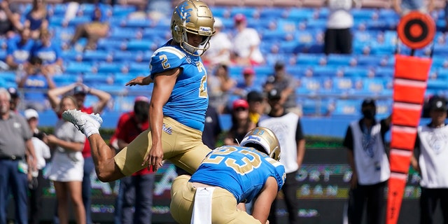 UCLA player Nicholas Barr-Mira, No. 2, hits a field goal to win an NCAA college football game against South Alabama in Pasadena, Calif., Saturday, September.  17, 2022.