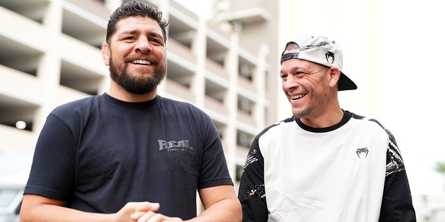 Nate Diaz and brother Nick arrive prior to the UFC 279 ceremonial weigh-in at MGM Grand Garden Arena on September 09, 2022 in Las Vegas, Nevada.