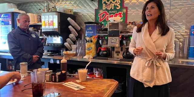 Former South Carolina Gov.  Nikki Haley, who served as ambassador to the United Nations during the Trump administration, teams up on the campaign trail with GOP Senate nominee Don Bolduc of New Hampshire, at Poor Boy's Family Diner, on Sept.  23, 2022 in Londonderry, NH,. 