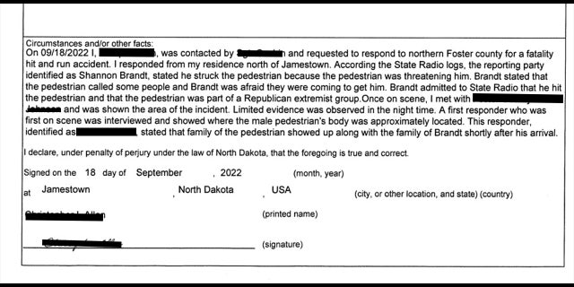 A portion of the probable cause affidavit for the Sept. 18, 2022, arrest of Shannon Brandt.