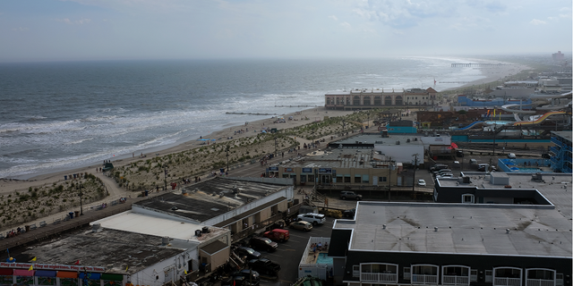 An aerial view of the beach and boardwalk along the Atlantic Ocean in Ocean City, New Jersey, on July 25.