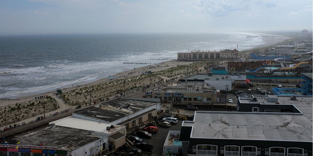 An aerial view of the beach and boardwalk along the Atlantic Ocean in Ocean City, New Jersey, on July 25.