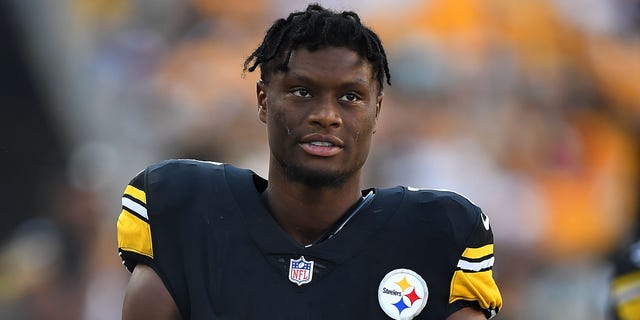 Pittsburgh Steelers' George Pickens looks on during the game against the Detroit Lions at Acrisure Stadium in Pittsburgh on August 28, 2019. 28, 2022.