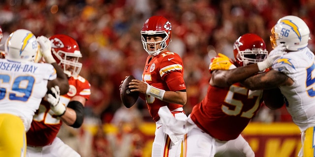 Kansas City Chiefs quarterback Patrick Mahomes returns to pass during the first half of a game against the Los Angeles Chargers, Thursday, Sept. 15, 2022, in Kansas City, Mo.