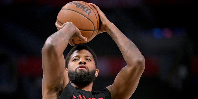 Apr 9, 2022; Los Angeles, California, USA; Los Angeles Clippers guard Paul George (13) warms up before a game against the Sacramento Kings at Crypto.com Arena.