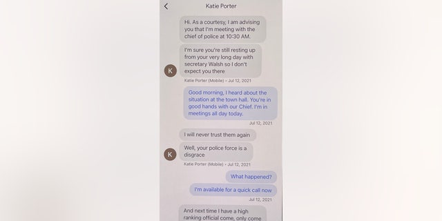 Text messages between Rep. Katie Porter, D-California, and Irvine Mayor Farrah Khan where the congresswoman attacked the city's police department as "disgrace."
