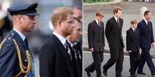 Prince William and brother Harry walked a similar path on Wednesday as they did for their late mother, Princess Diana's, funeral procession in 1997.