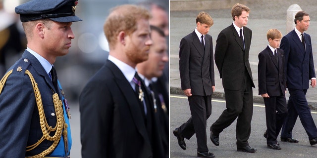 Prince William and brother Harry walked a similar path on Wednesday as they did for their late mother, Princess Diana's, funeral procession in 1997.