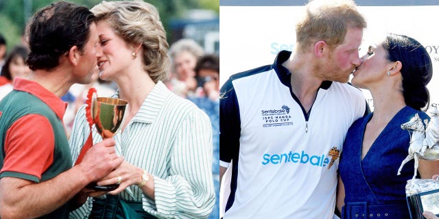 Prince Harry and Meghan Markle's 2018 public kiss, right, was compared to a photographed moment between Prince Charles and the late Princess Diana in 1985.