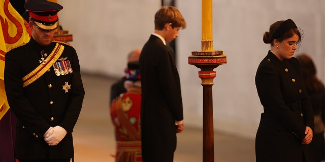 Queen Elizabeth II 's grandchildren Prince Harry, Duke of Sussex, James, Viscount Severn and Princess Eugenie inside Westminster Hall on Sept. 17, 2022, in London.