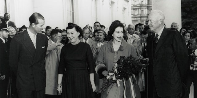 Queen Elizabeth and Prince Philip meet President Dwight Eisenhower and First Lady Mamie Eisenhower at the White House (National Archives and Records Administration)