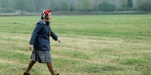 The Queen in laced up brogue shoes and raincoat walking In Windsor Great Park in the grounds of Windsor Castle. 