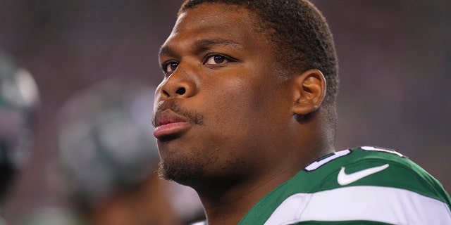 Quinnen Williams of the New York Jets looks on from the sideline during the preseason game against the Philadelphia Eagles at Lincoln Financial Field in Philadelphia on August 12, 2022.