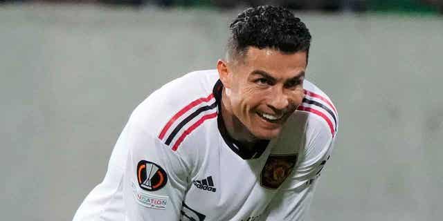 Manchester United's Cristiano Ronaldo smiles during a Europa League Group E soccer match between Sheriff Tiraspol and Manchester United at Zimbru Stadium in Chisinau, Moldova, Sept. 15, 2022. 