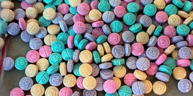 An assortment of rainbow fentanyl pills are shown here. 